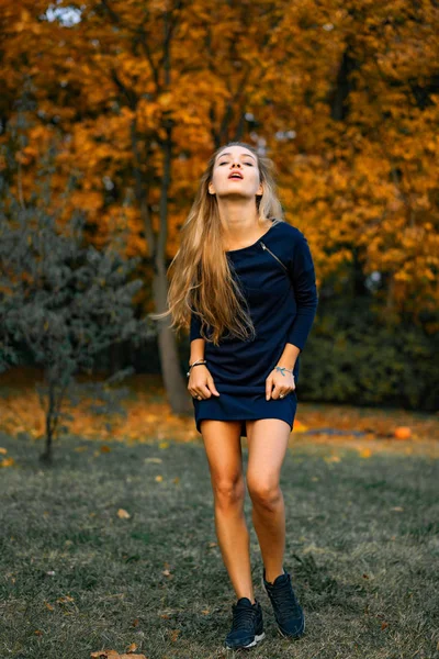 Ragazza Cammina Nel Parco Autunnale Femmina Nella Foresta Autunnale — Foto Stock