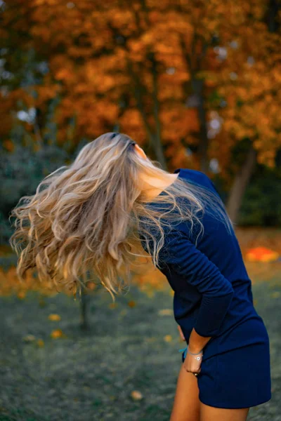 Ragazza Cammina Nel Parco Autunnale Femmina Nella Foresta Autunnale — Foto Stock