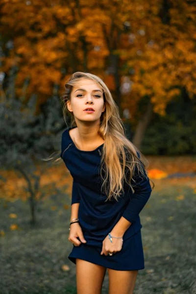 Ragazza Cammina Nel Parco Autunnale Femmina Nella Foresta Autunnale — Foto Stock