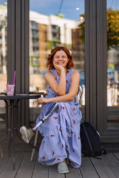 Positive Disabled Woman Cafe Smiles Laughs Enjoys Life — Stock Photo, Image
