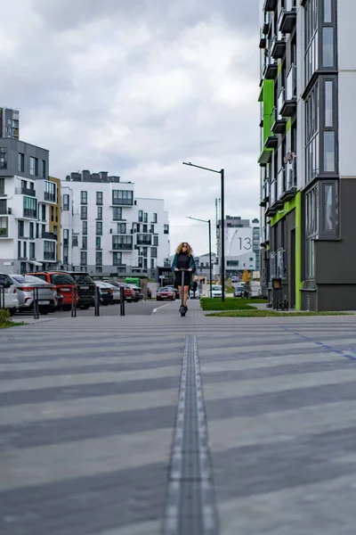 Young Beautiful Woman Riding Electric Scooter Work Modern Girl New — Stock Photo, Image