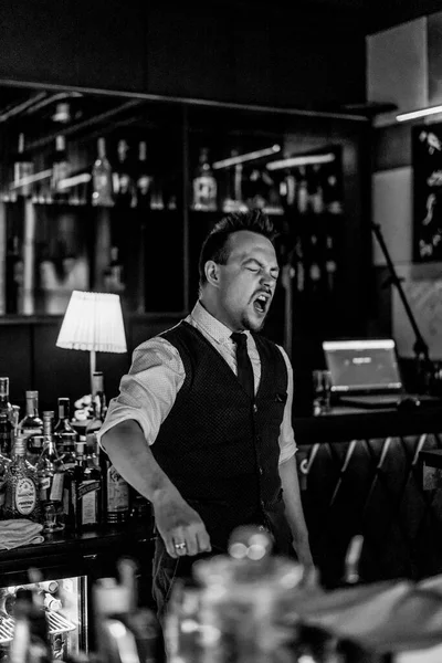 Young Emotional Charismatic Male Bartender Work Bar — Stock Photo, Image