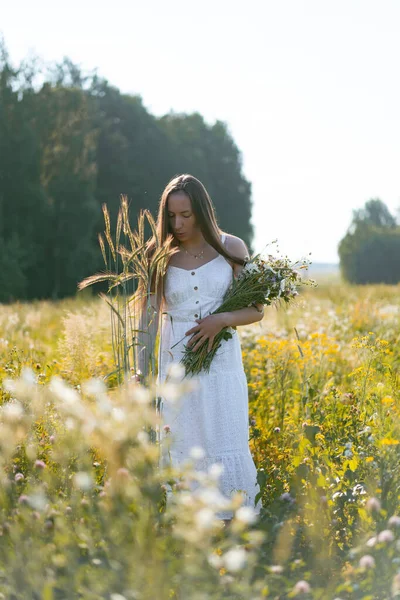 白いドレスに長い髪の若い美しい女性とライ麦と小麦の黄色のフィールドの間で帽子 — ストック写真