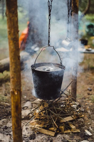 Cooked Food Campfire Camping Trip Camping Kitchen Cooking Forest Fire — Stock Photo, Image