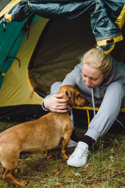 Egy Fiatal Egy Kutyával Kempingezni Kempingezési Idő Fogalma — Stock Fotó