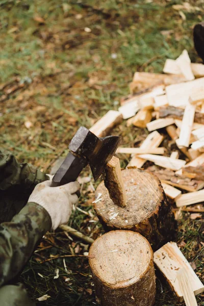 Firewood Chopping Hatchet Concept Life Camping Trip — Stock Photo, Image