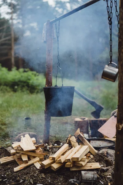 Cooked Food Campfire Camping Trip Camping Kitchen Cooking Forest Fire — Stock Photo, Image