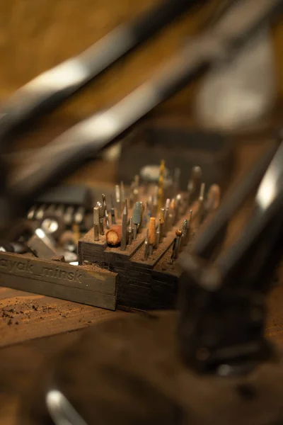 woodwork workshop, items for work, drill bits.