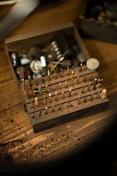 woodwork workshop, items for work, drill bits.