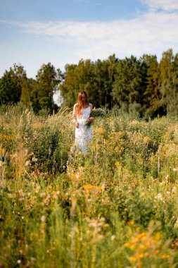 Çavdar ve buğday tarlaları arasında beyaz elbiseli, şapkalı, uzun saçlı genç ve güzel bir kadın. Kırsal tarzda uzun saçlı, çiçekli bir tarlada beyaz bir elbise giyen bir kavram.