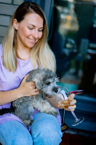 Young Beautiful Woman Zwerg Schnauzer Puppy — Stock Photo, Image