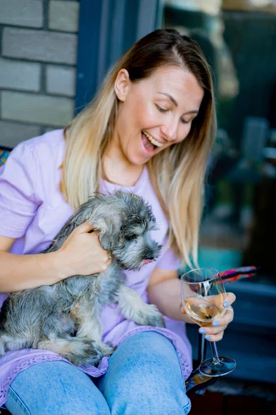 Young Beautiful Woman Zwerg Schnauzer Puppy — Stock Photo, Image