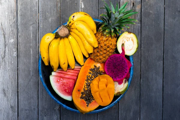 Tropische Früchte Hintergrund Ananas Bananen Wassermelone Pap — Stockfoto