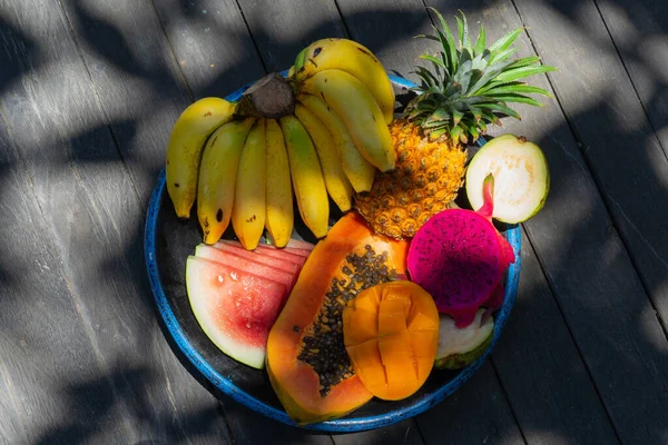 Tropische Früchte Hintergrund Ananas Bananen Wassermelone Pap — Stockfoto