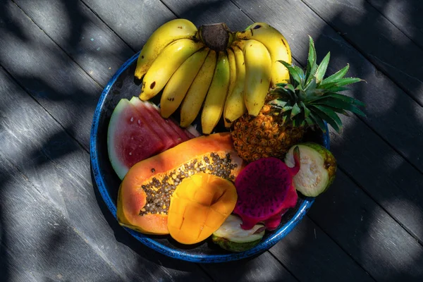 Tropische Früchte Hintergrund Ananas Bananen Wassermelone Pap — Stockfoto