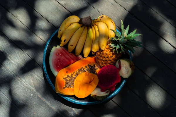 Tropische Vruchten Achtergrond Ananas Bananen Watermeloen Pap — Stockfoto