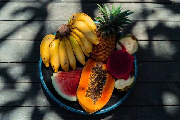 Tropische Früchte Hintergrund Ananas Bananen Wassermelone Pap — Stockfoto