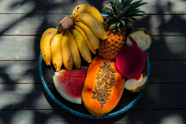 Tropische Früchte Hintergrund Ananas Bananen Wassermelone Pap — Stockfoto