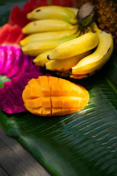 Fondo Frutas Tropicales Piñas Plátanos Sandía Pap —  Fotos de Stock