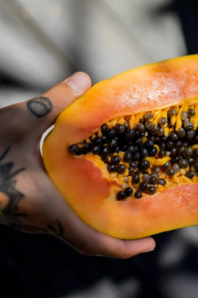 Tropical Fruits Papaya Hands Tattoos — Stock Photo, Image