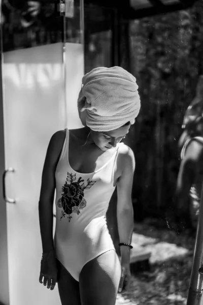 Beautiful Young Woman Bathroom Shower Bodysuit — Stock Photo, Image