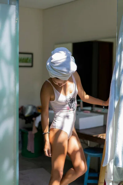 Beautiful Young Woman Bathroom Shower Bodysuit — Stock Photo, Image