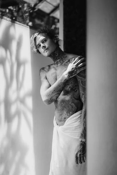 Handsome Young Man Tattoos Bathroom Shower — Stock Photo, Image