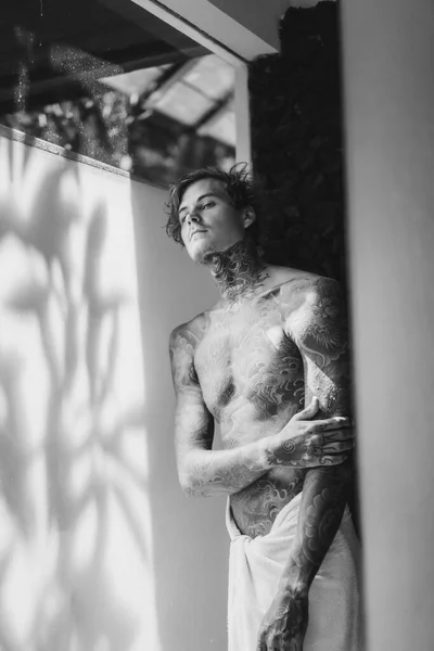 Handsome Young Man Tattoos Bathroom Shower — Stock Photo, Image