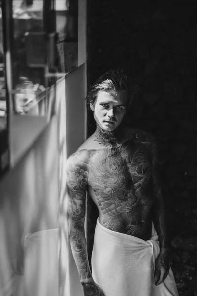 Handsome Young Man Tattoos Bathroom Shower — Stock Photo, Image