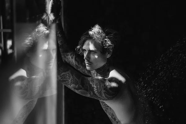 Handsome Young Man Tattoos Shower Lifestyle Concept — Stock Photo, Image