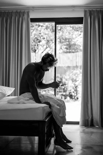 Handsome Man Bed Wakes Morning Young Man Sleepin — Stock Photo, Image