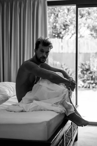 Handsome Man Bed Wakes Morning Young Man Sleepin — Stock Photo, Image