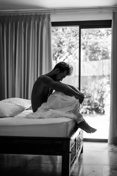 Handsome Man Bed Wakes Morning Young Man Sleepin — Stock Photo, Image