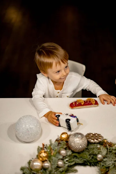 Little Boy Eating Eclairs Childhood Happy Christmas New — Stock Photo, Image