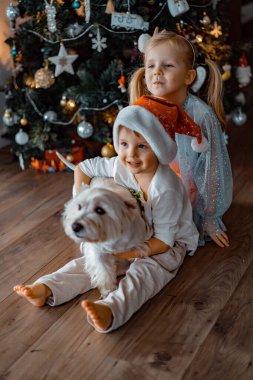 Mutlu çocuklar Noel ağacında oynar ve eğlenir.,