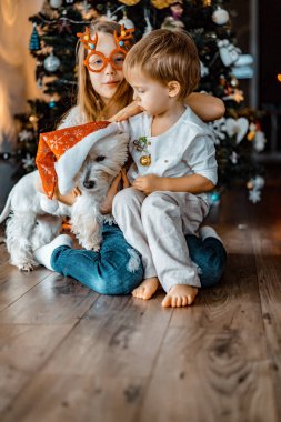Mutlu çocuklar Noel ağacında oynar ve eğlenir.,