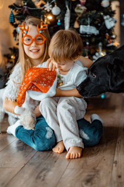 Mutlu çocuklar Noel ağacında oynar ve eğlenir.,