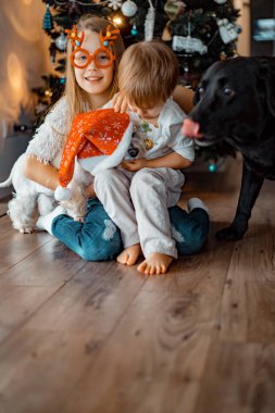 Mutlu çocuklar Noel ağacında oynar ve eğlenir.,