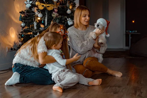 Mutlu Aile Noel Ağacının Yanında Eğleniyor Noel Çocuklu Bir Anne — Stok fotoğraf