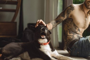 Uzun kıvırcık saçlı ve çıplak gövdeli genç bir adam. Bahçedeki sade bir ortamda bir adam bir köpekle oynuyor..