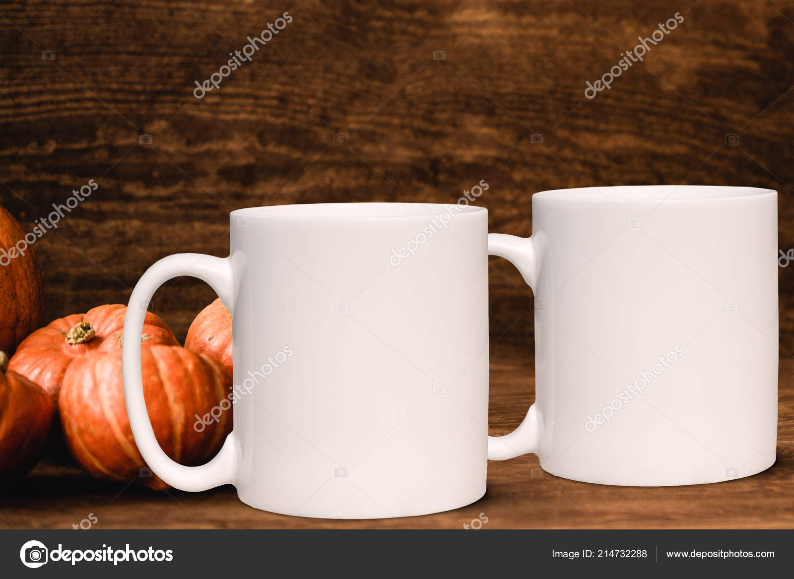Download Autumn Fall Mug Mock Two White Blank Coffee Mugs Add Stock Photo Image By C Capdesign 214732288