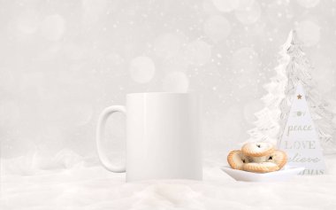 Noel kupa mock-up. Özel tasarım veya teklif eklemek için beyaz boş kupa. Kupalar satan işletmeler için mükemmel, sadece teklif veya tasarım görüntü üzerinde yerleşimi.