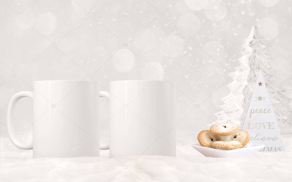 Christmas two mug mock-up. Two white blank coffee mugs to add custom design or quote. Perfect for businesses selling mugs, just overlay your quote or design on to the image.