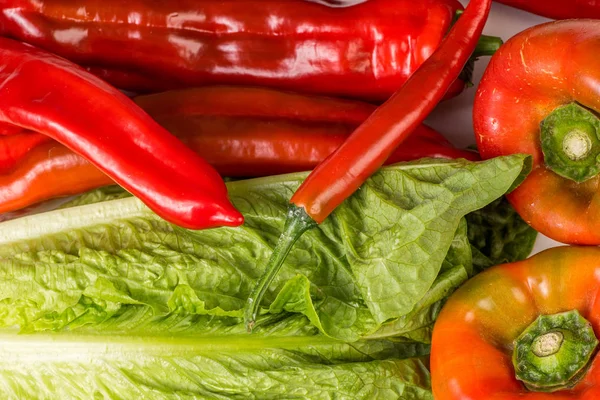 Chile Rojo Ecológico Snack Pimiento Morrón Lechuga Romaine Verde Cerca — Foto de Stock