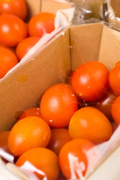 完熟チェリー トマト ボックス プラスチックのパッケージをクローズ アップ 白い背景で隔離 — ストック写真