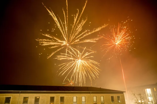 Vuurwerk Smokey Zwarte Lucht Het Dak New Year Eve — Stockfoto