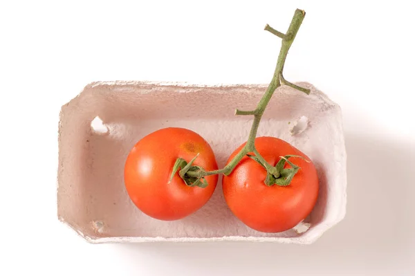 Pomodori Biologici Maturi Vaschetta Biodegradabile Isolata Fondo Bianco — Foto Stock