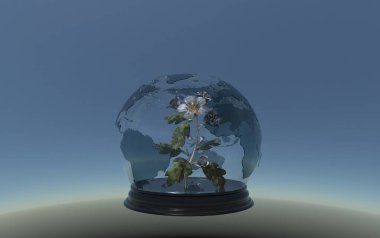 Cam kürede lüks oyma taş akışı. Ürün tasarımı için modern arkaplan mavi renkli. Yüksek kalite 3d görüntüleme.