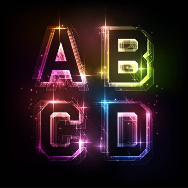 Neon alfabesi. Parlak pırıl pırıl harfler.