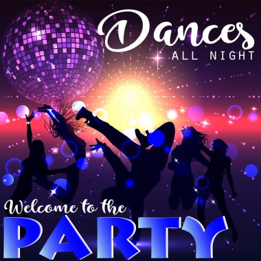 Köpüklü disko topu, dans eden erkek ve kızlar. Gece partisi